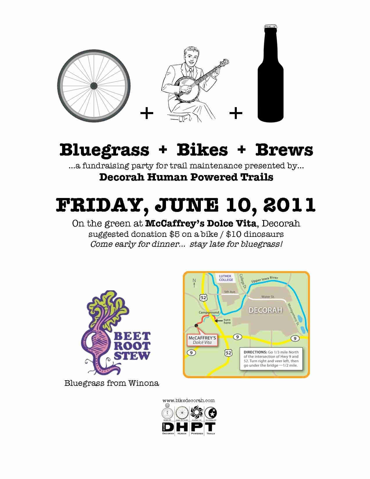 Graphically illustrated poster for the Bluegrass + Bikes + Brews biking event